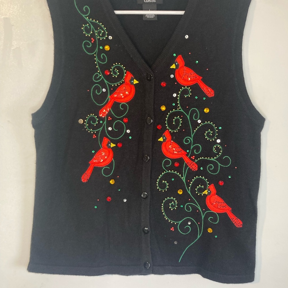 Black Vest with Red Cardinal Embroidery